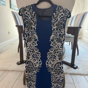 BCBGMaxAzria Royal Blue Midi Dress with Cream Floral Embroidery